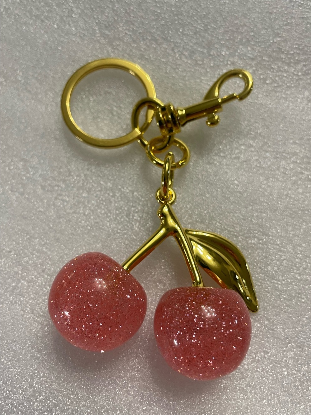 Large Gold Cherry Keychain with Pink Glitter Cherries